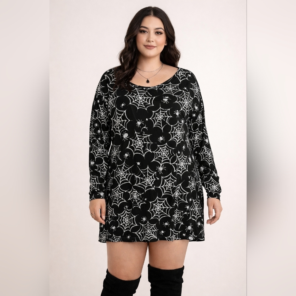 Halloween Spiderweb Dress 2X | Goth Spooky Print Long Sleeve Shirt Dress/Tunic